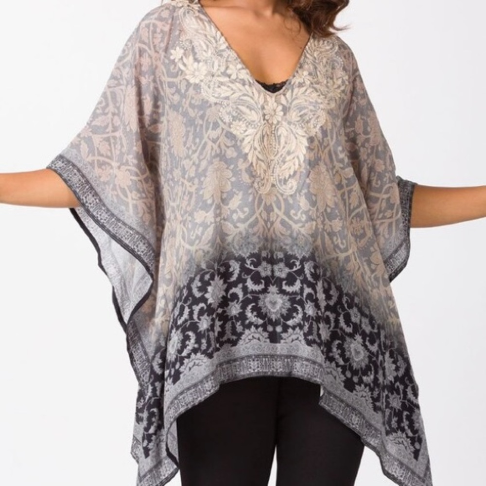 Sevya 100% Cupro OSFA Embroidered Neck Ombre' Tunic Top Gray Black Beige